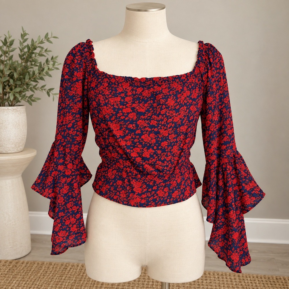 Express Blouse Navy Red Floral Bell Sleeve Smocked Peplum Boho Top Sz Small